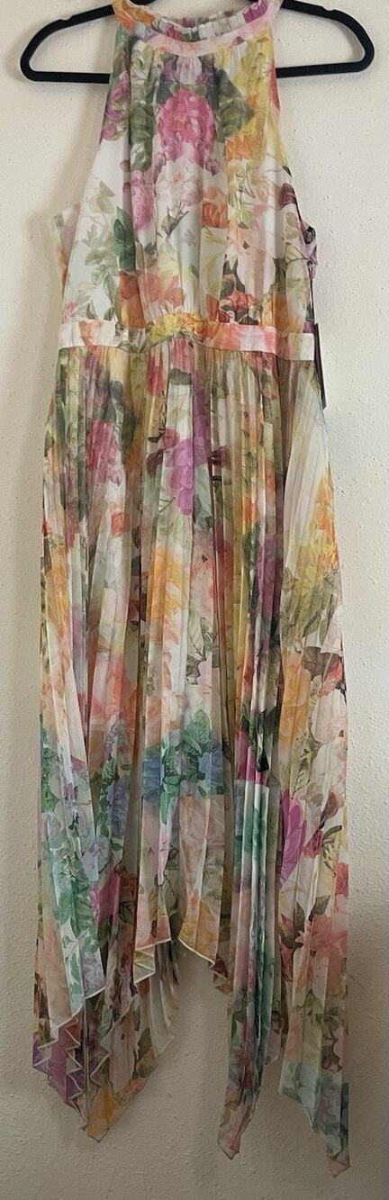 Vince Camuto Chiffon/Mesh Sleeveless Halter Floral Handkerchief Midi Dress S 12